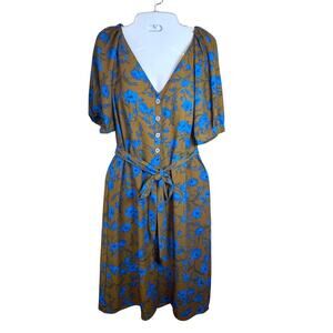 ANN TAYLOR Factory  Olive Green Vibrant Blue‎ Floral Midi Dress Women's Sz 2